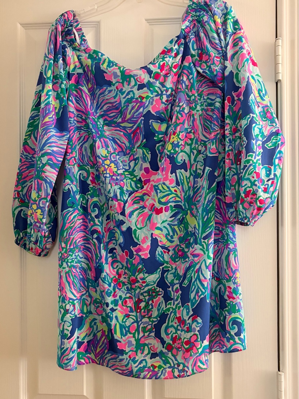 Lilly Pulitzer Multicolor Floral Off‑Shoulder Tunic — Blue, Pink & Green